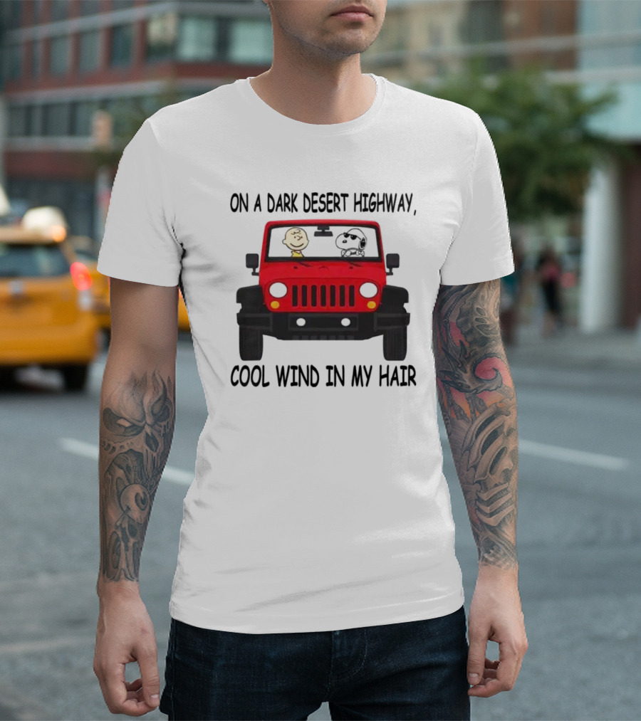 Snoopy on a Dark Desert Highway Cool Wind in My Hair Red Jeep Peanuts T-Shirt