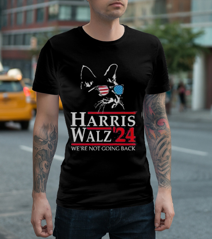 Harris Walz 2024 We’re Not Going Back Cat Sunglasses American Flag T-Shirt