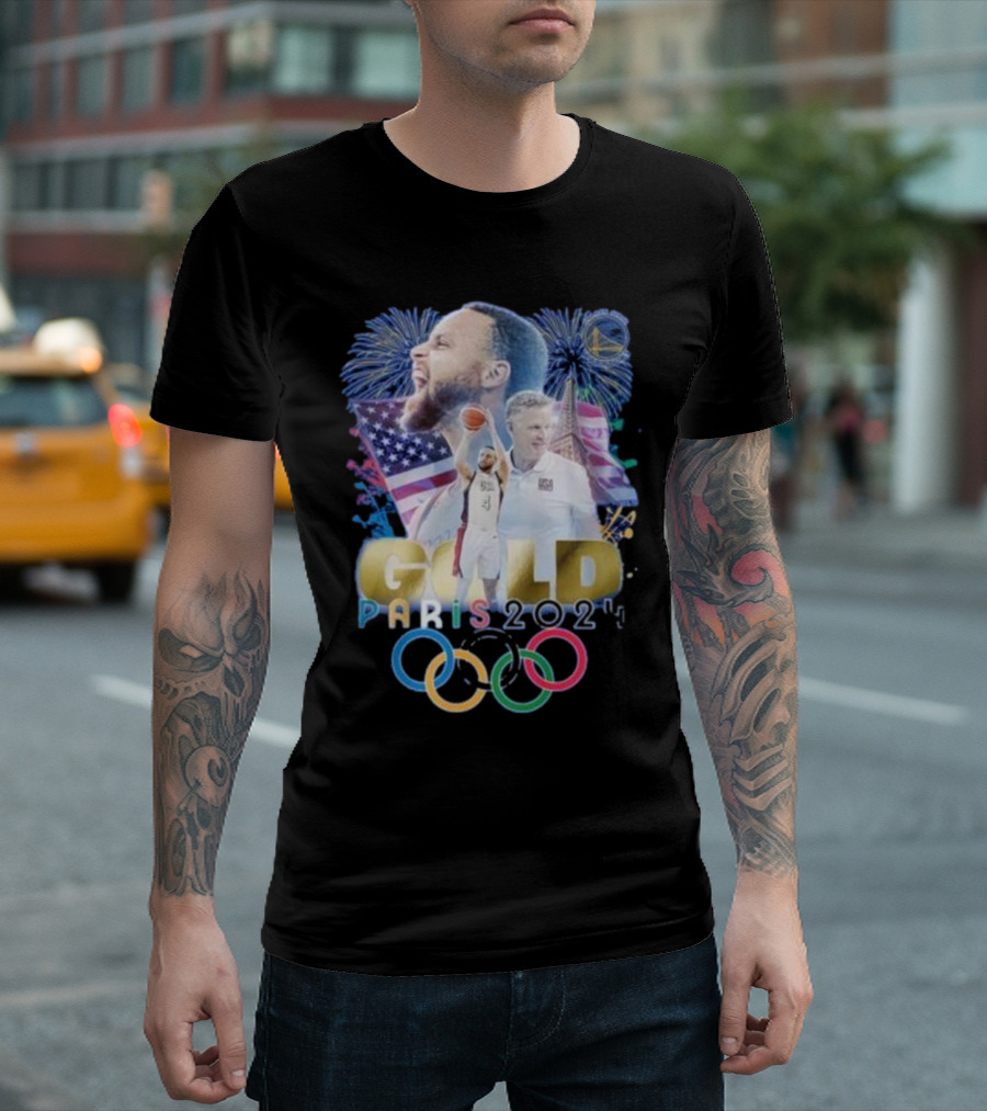 Stephen Curry USA Gold Paris 2024 Olympic Rings Fireworks T-Shirt