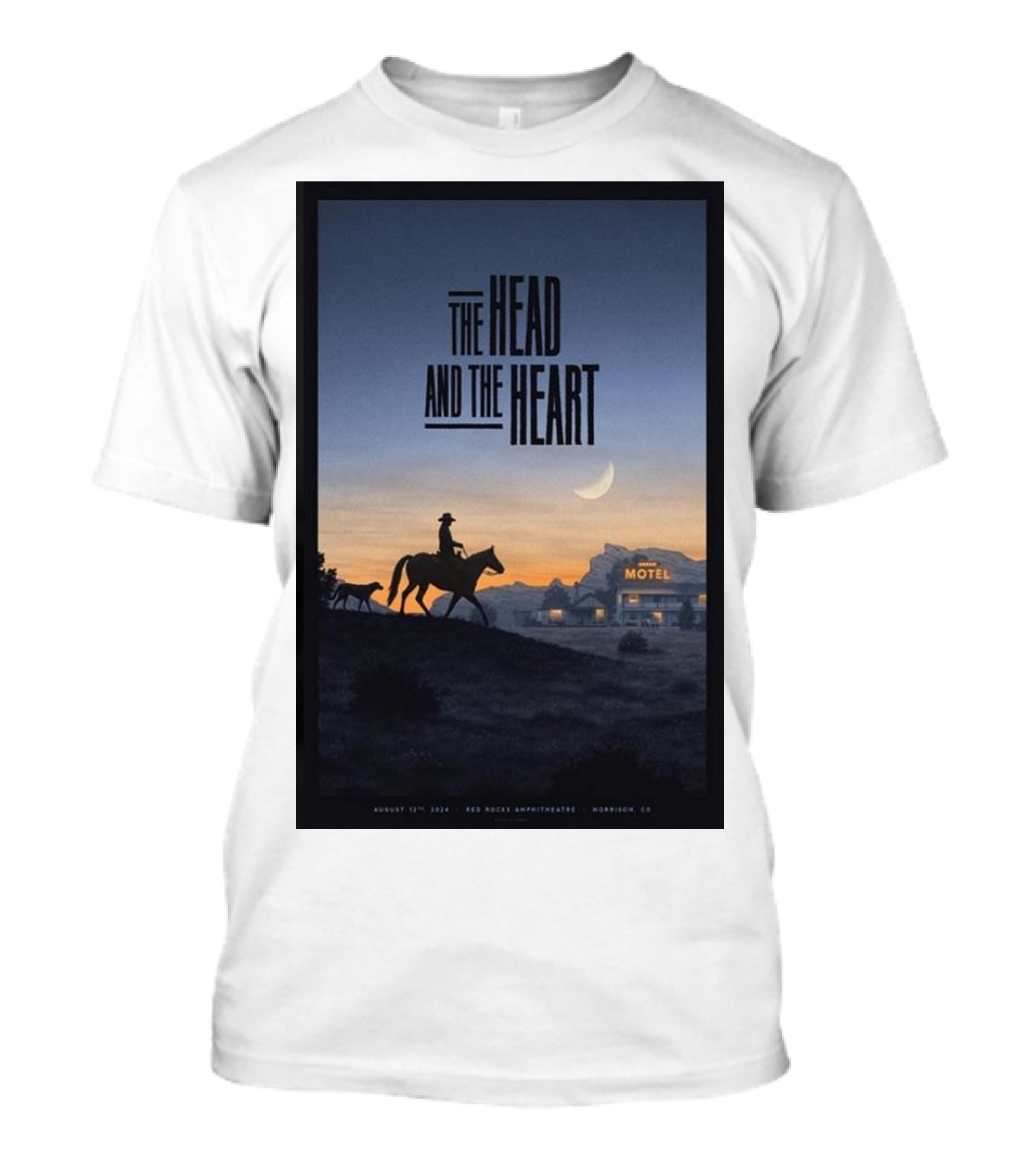 The Head And The Heart August 12 2024 Red Rocks Amphitheatre Morrison CO Cowboy Silhouette At Sunset Motel Scene T-Shirt