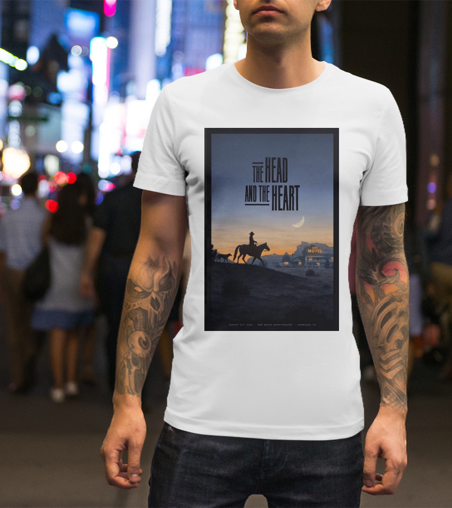 The Head And The Heart August 12 2024 Red Rocks Amphitheatre Morrison CO Cowboy Silhouette At Sunset Motel Scene T-Shirt