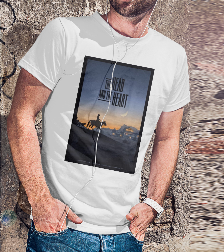 The Head And The Heart August 12 2024 Red Rocks Amphitheatre Morrison CO Cowboy Silhouette At Sunset Motel Scene T-Shirt