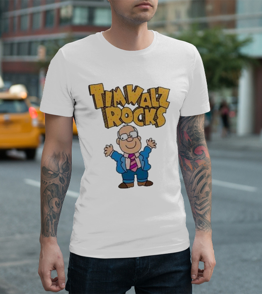 Tim Walz Rocks Cartoon Character in Tie and Suit T-Shirt