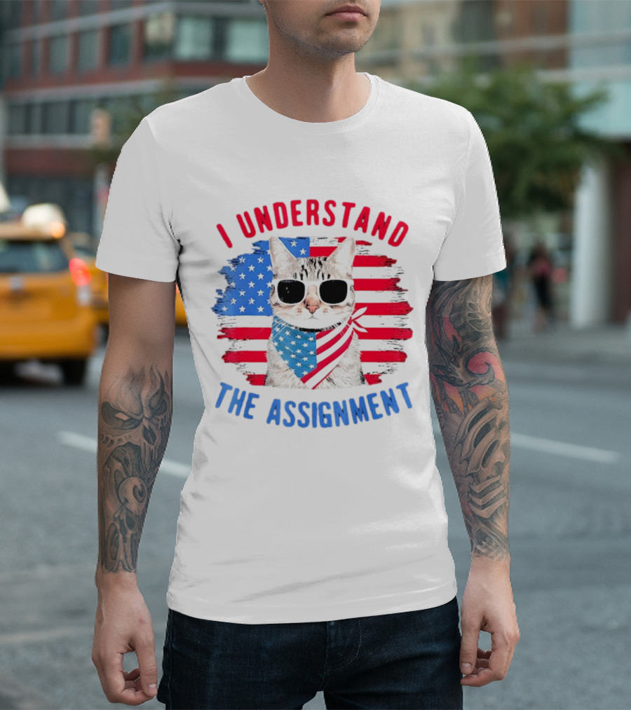 I Understand the Assignment Cat with American Flag Sunglasses and Scarf T-Shirt