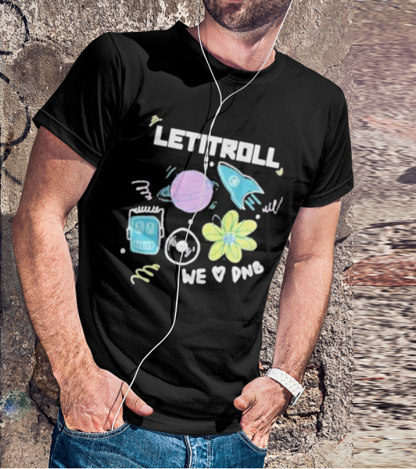 LETITROLL We Love DNB Planet Rocket Robot Flower T-Shirt
