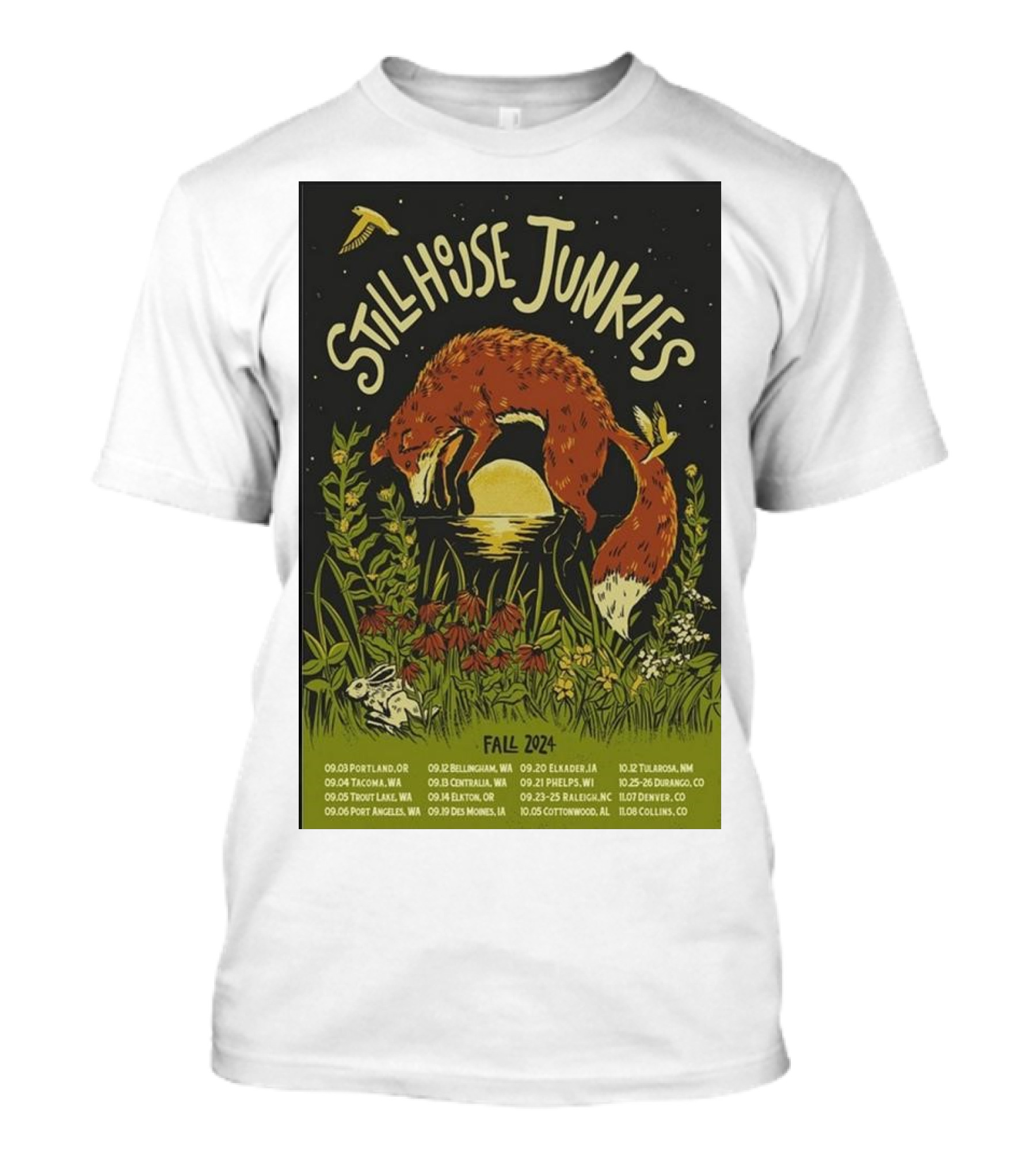 Stillhouse Junkies Fall 2024 Tour Dates Poster With Fox And Moon Scene T-Shirt