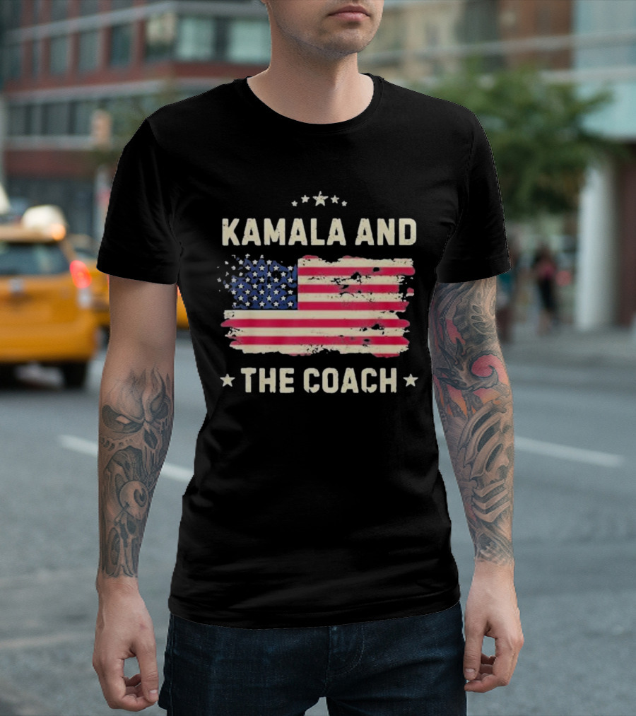 Kamala and the Coach 2024 Harris Walz USA Flag T-Shirt