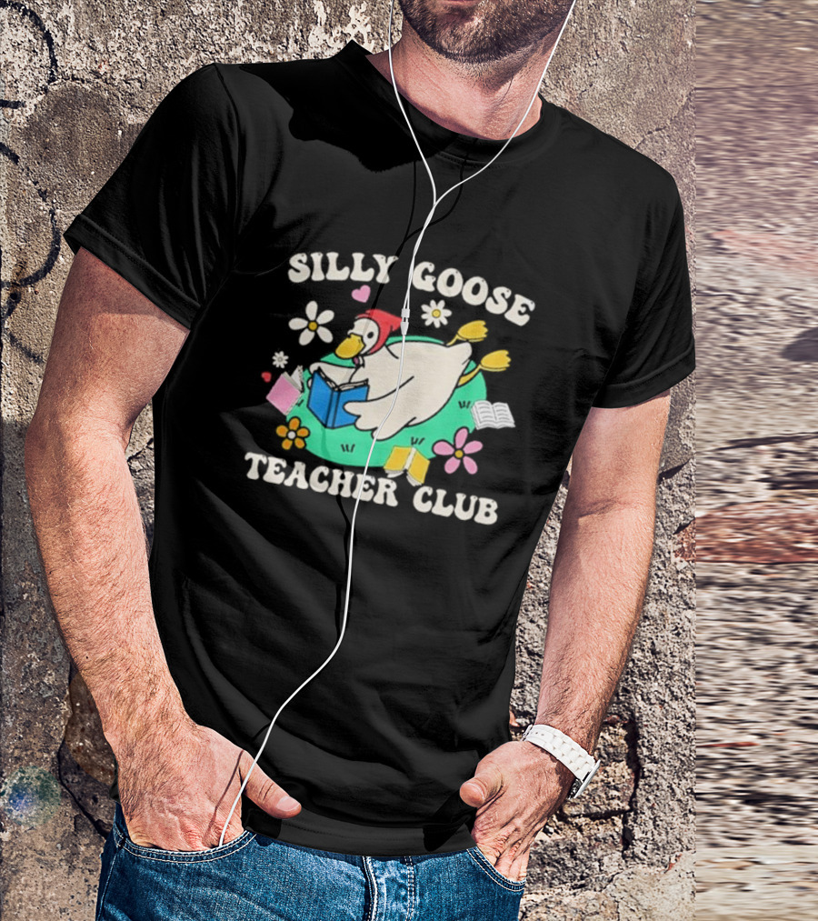 Silly Goose Teacher Club Reading Duck With Flowers And Open Books T-Shirt