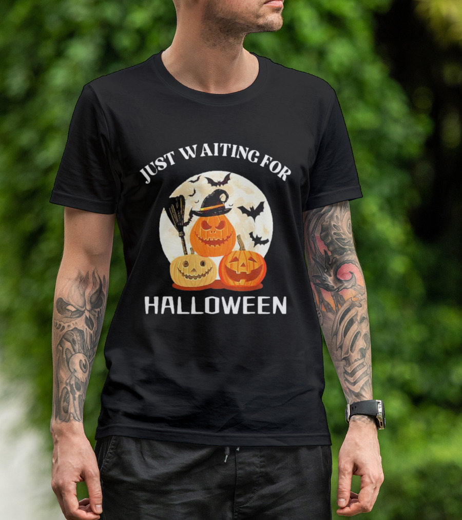 Just Waiting For Halloween With Pumpkins And Bats T-Shirt