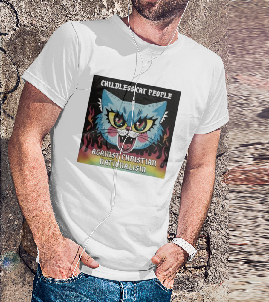 Childless Cat People Against Christian Nationalism Fierce Blue Cat With Flaming Background T-Shirt