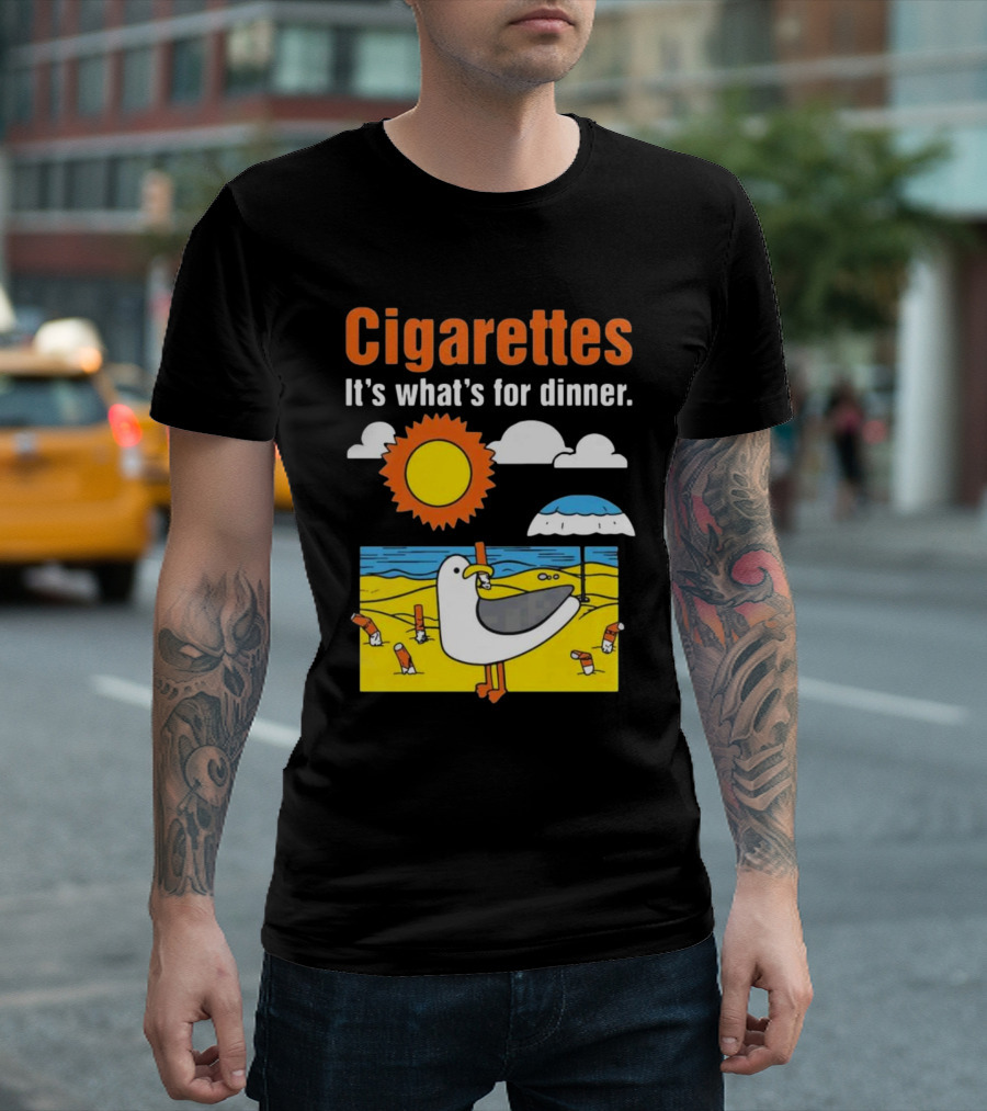 Cigarettes It's What's For Dinner Beach Seagull Cartoon with Sun and Umbrella T-Shirt