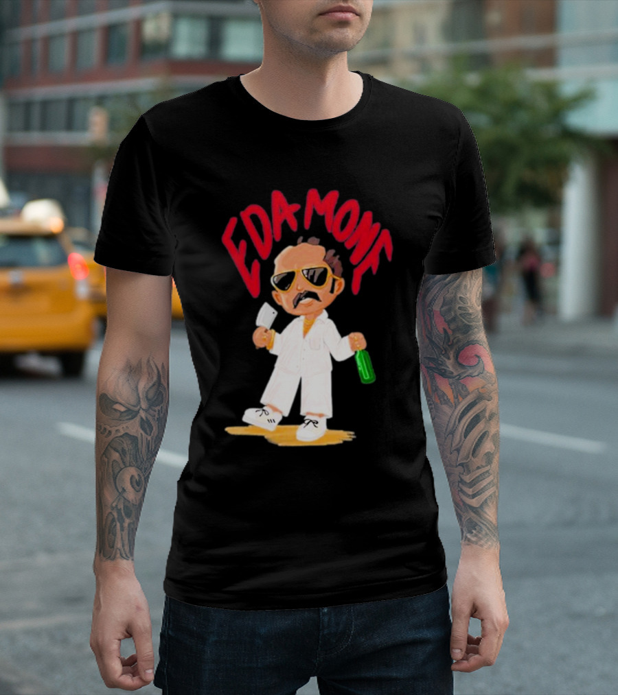 Eda Mone Rangan Chettan Cartoon Character In White Suit With Sunglasses Holding Cleaver And Bottle T-Shirt