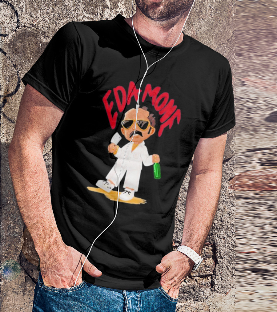 Eda Mone Rangan Chettan Cartoon Character In White Suit With Sunglasses Holding Cleaver And Bottle T-Shirt