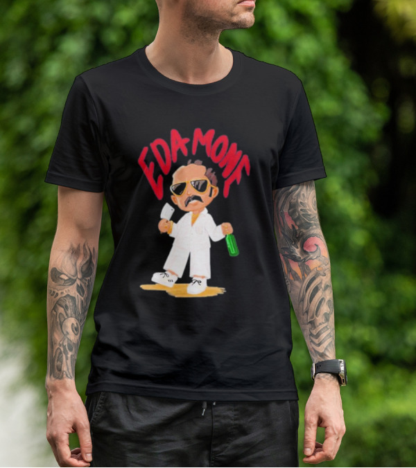 Eda Mone Rangan Chettan Cartoon Character In White Suit With Sunglasses Holding Cleaver And Bottle T-Shirt