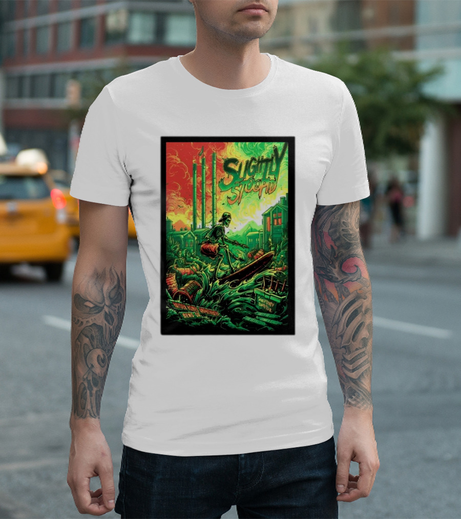 Slightly Stoopid Bend OR Tour August 18 2024 Surfing Skeleton Urban Landscape T-Shirt