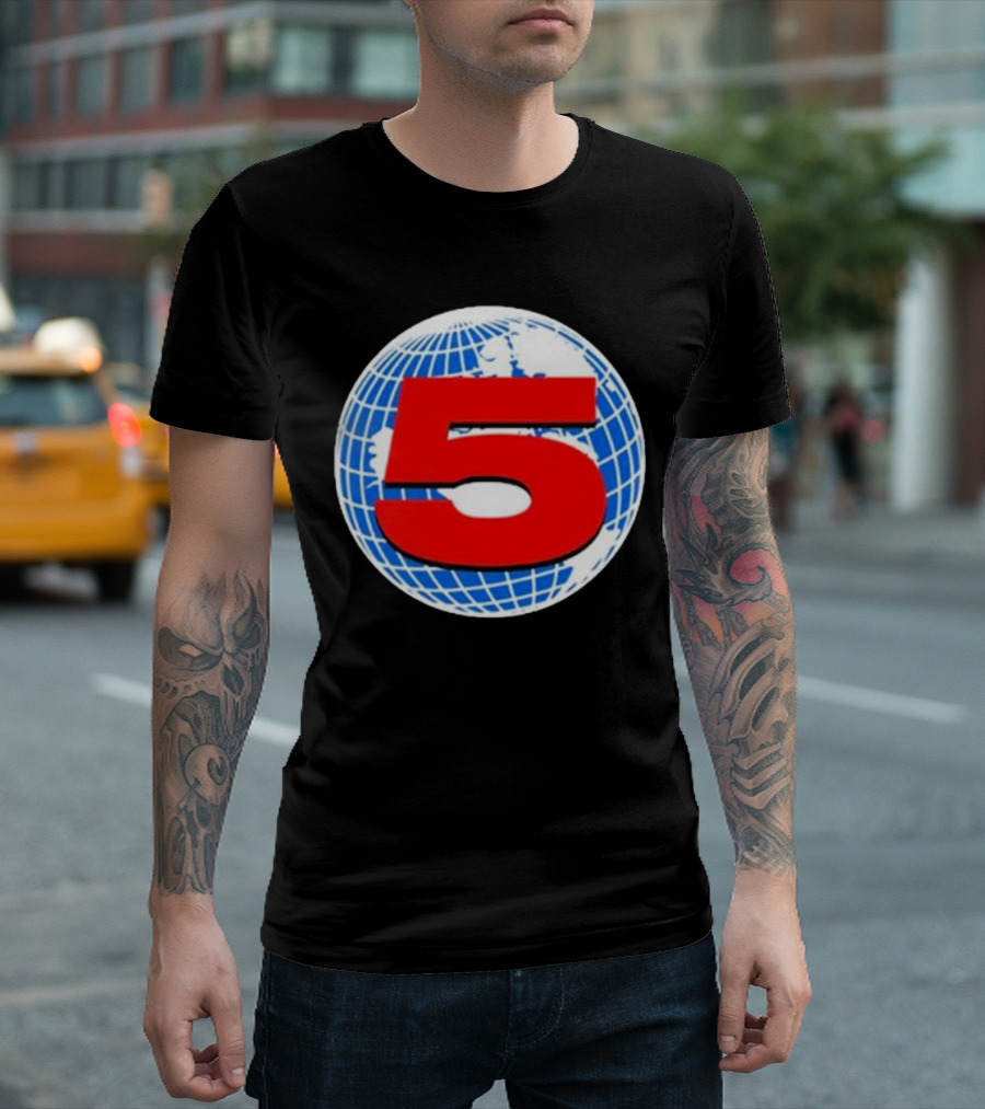 Red Number 5 On Blue And White Globe Background T-Shirt