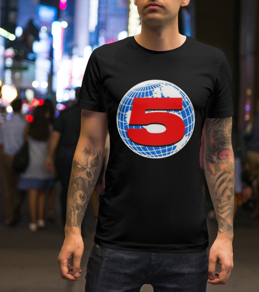 Red Number 5 On Blue And White Globe Background T-Shirt