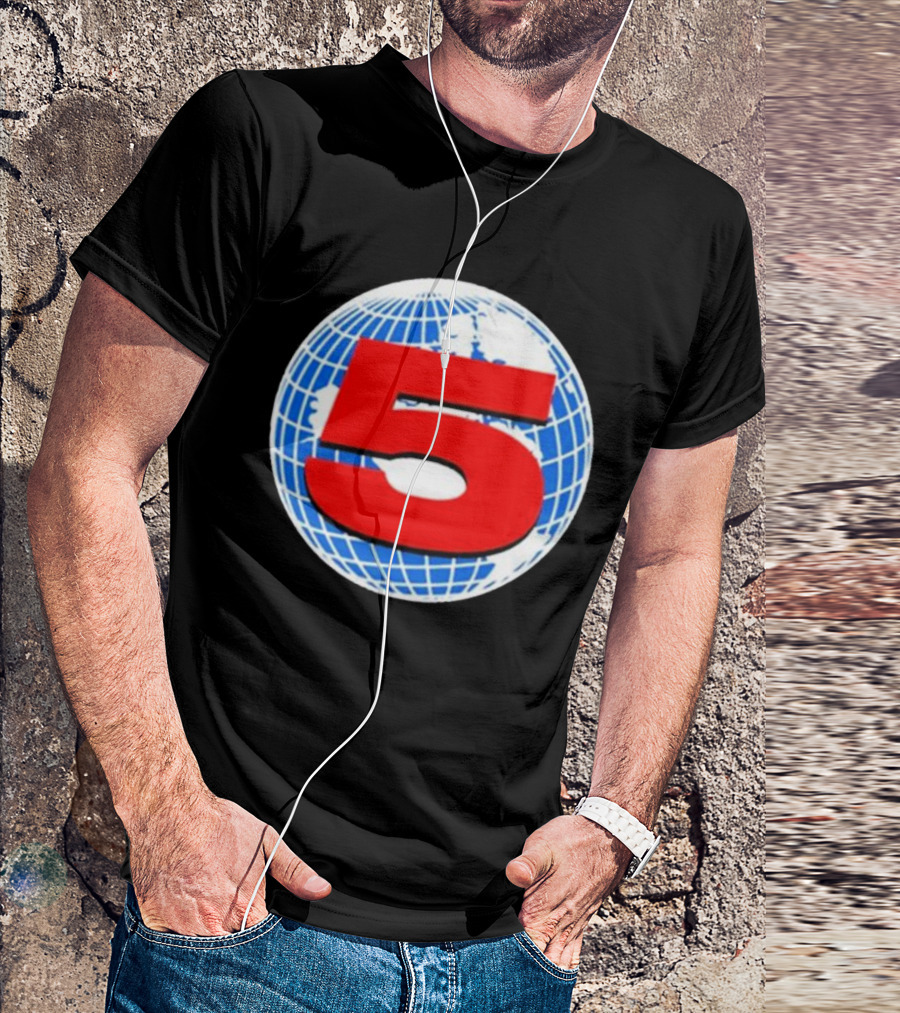 Red Number 5 On Blue And White Globe Background T-Shirt