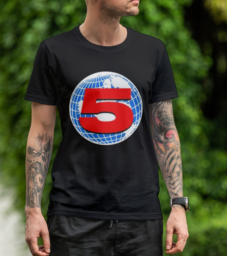 Red Number 5 On Blue And White Globe Background T-Shirt