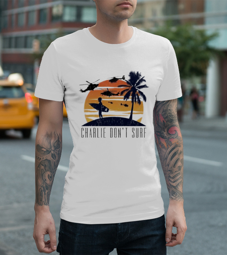 Charlie Don’t Surf Helicopters Palm Sunset Surfer T-Shirt
