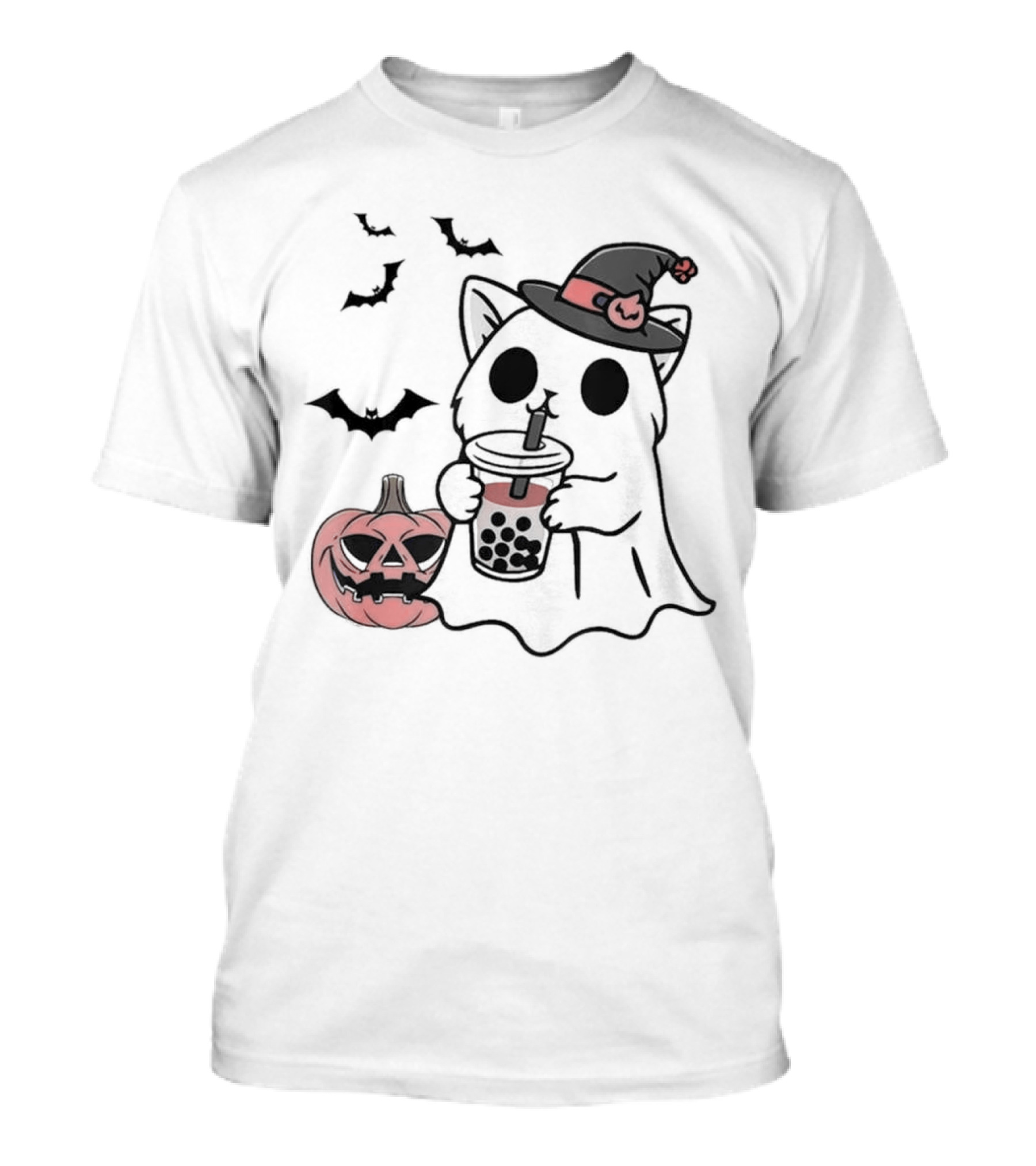 Ghost Cat With Bubble Tea And Halloween Pumpkin T-Shirt