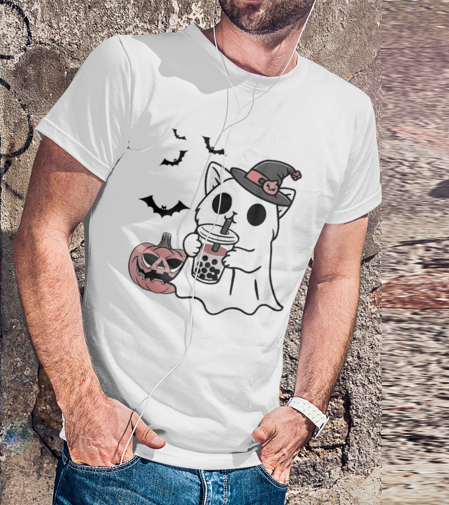 Ghost Cat With Bubble Tea And Halloween Pumpkin T-Shirt