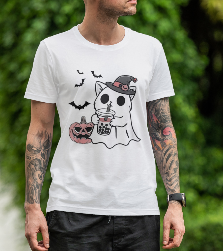Ghost Cat With Bubble Tea And Halloween Pumpkin T-Shirt