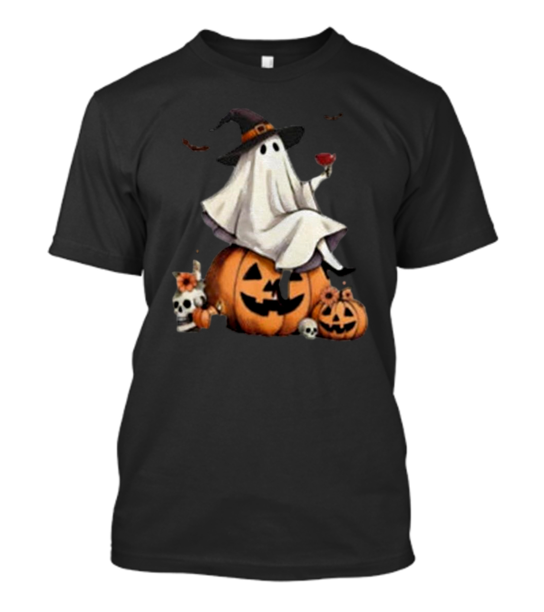 Halloween Drink Up Witches Ghost On Pumpkin With Skull And Wine Glass T-Shirt