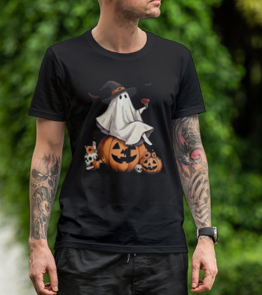 Halloween Drink Up Witches Ghost On Pumpkin With Skull And Wine Glass T-Shirt