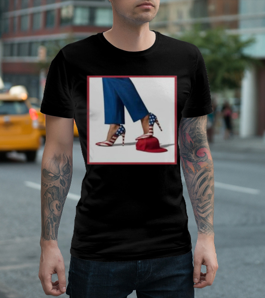 Kamala American Flag High Heels Stepping On Red MAGA Hat T-Shirt