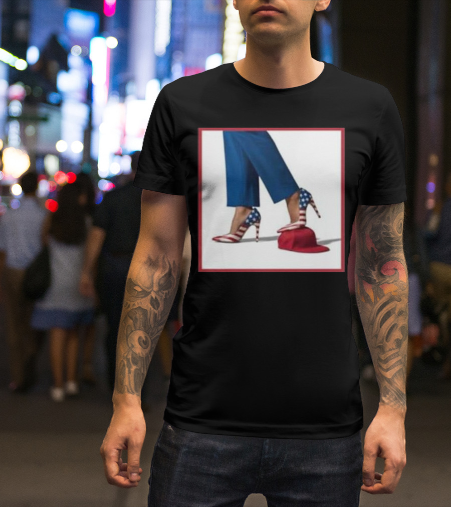 Kamala American Flag High Heels Stepping On Red MAGA Hat T-Shirt