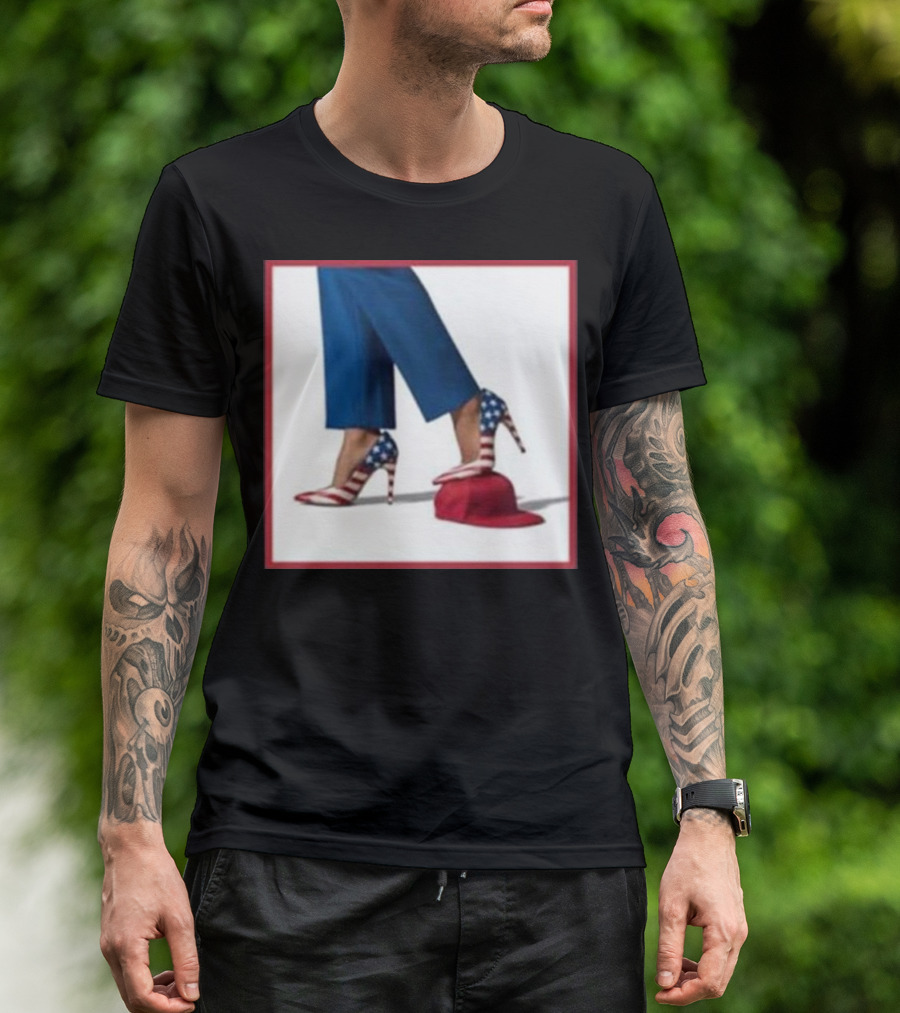 Kamala American Flag High Heels Stepping On Red MAGA Hat T-Shirt