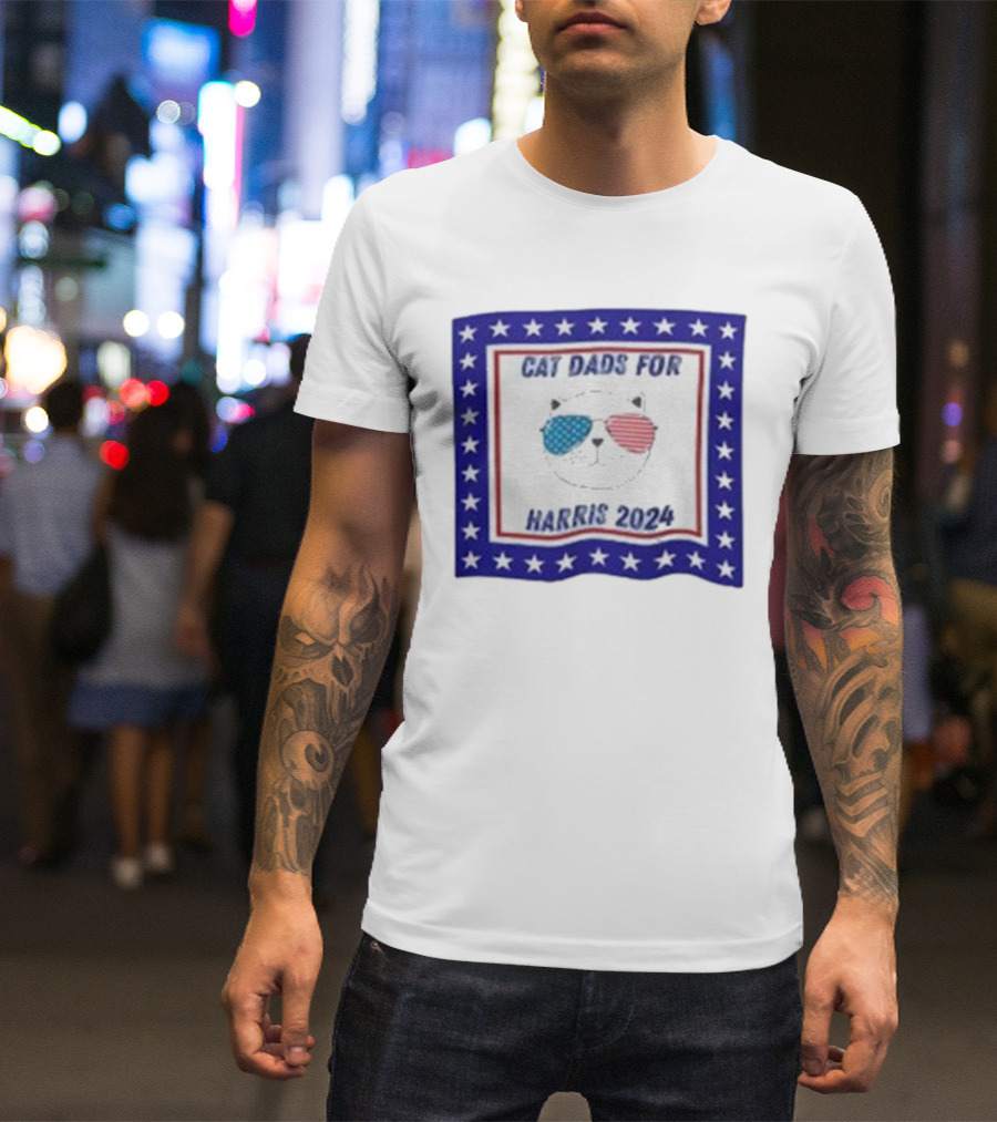 Cat Dads For Harris 2024 With Patriotic Sunglasses And Stars T-Shirt