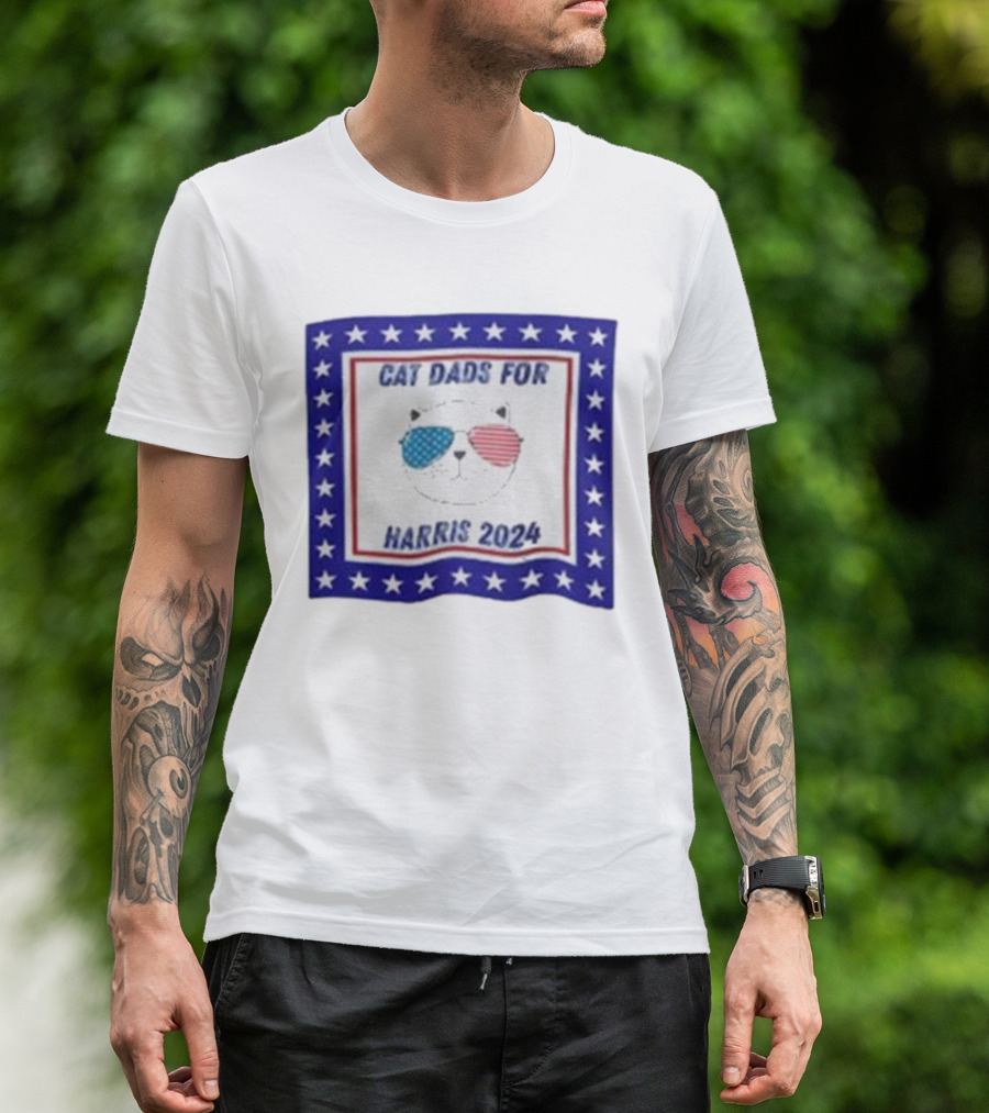 Cat Dads For Harris 2024 With Patriotic Sunglasses And Stars T-Shirt