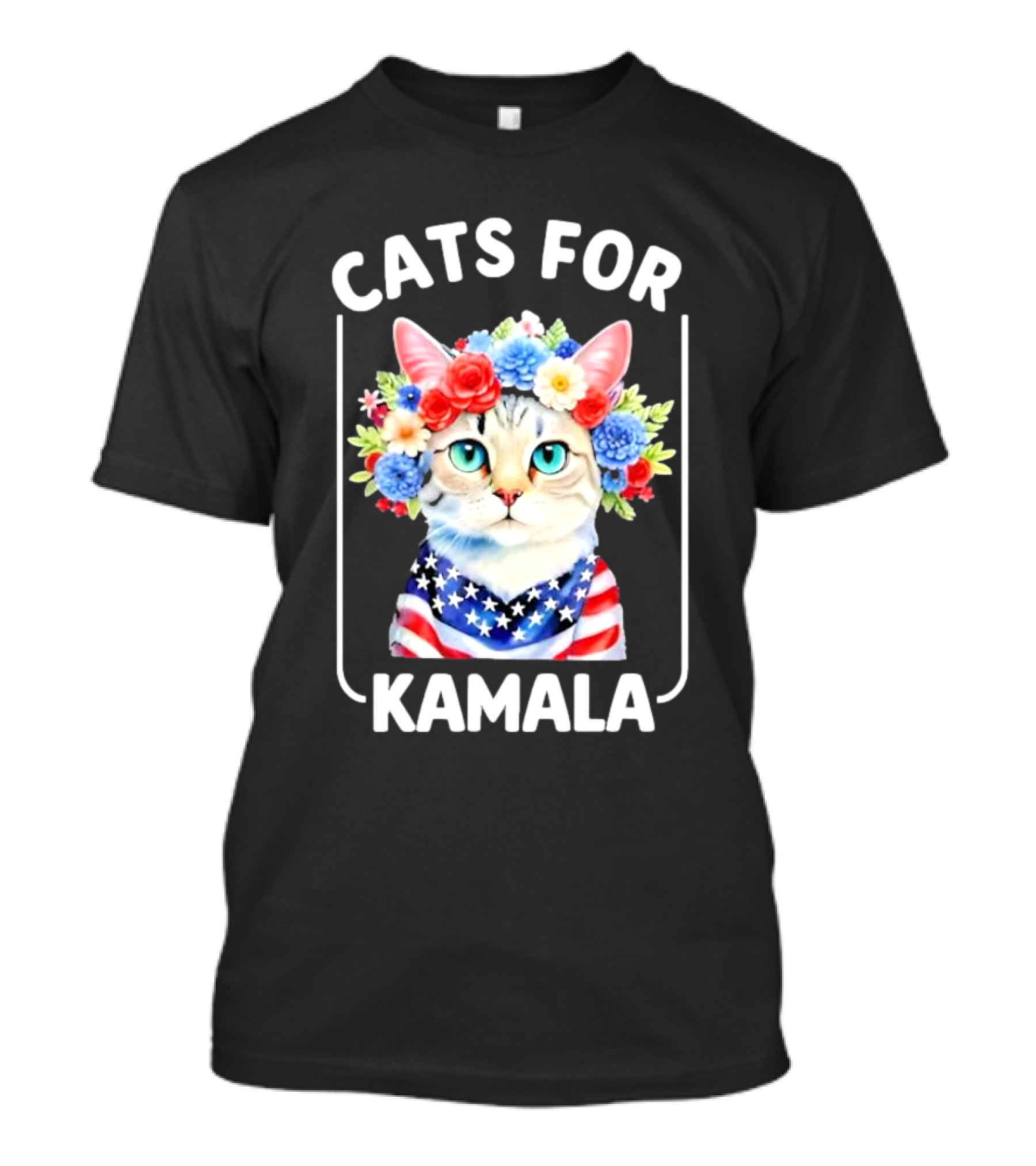 Cats For Kamala Cat With Flowers American USA Flag T-Shirt