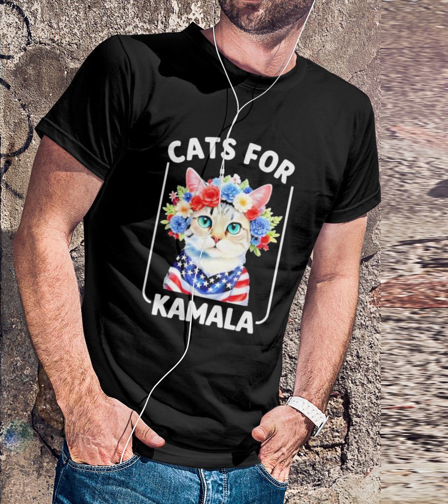 Cats For Kamala Cat With Flowers American USA Flag T-Shirt