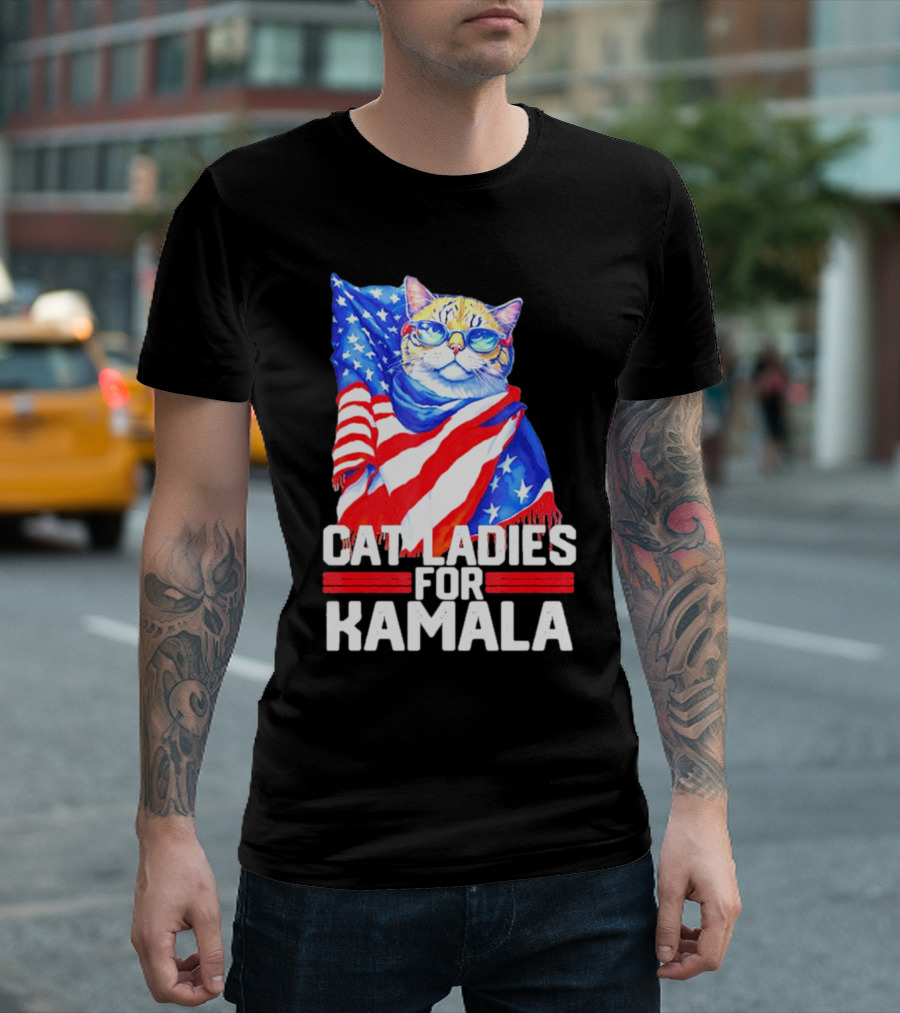 Cat Ladies for Kamala 2024 USA Flag Cat with Glasses T-Shirt