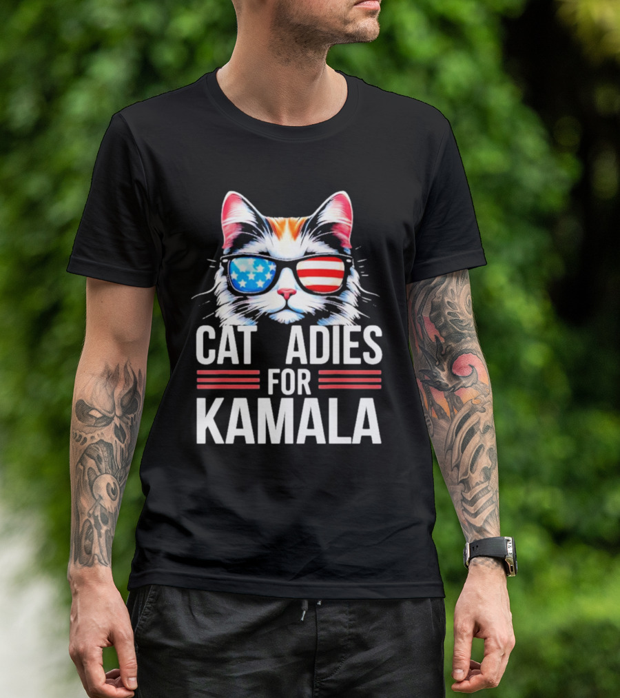 Cat Ladies For Kamala Funny Cat 2024 Patriotic Sunglasses Cat T-Shirt