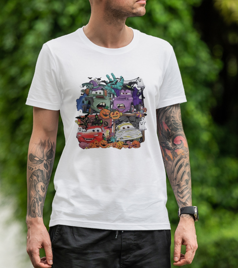 Retro Halloween Cars With Pumpkins And Ghosts T-Shirt