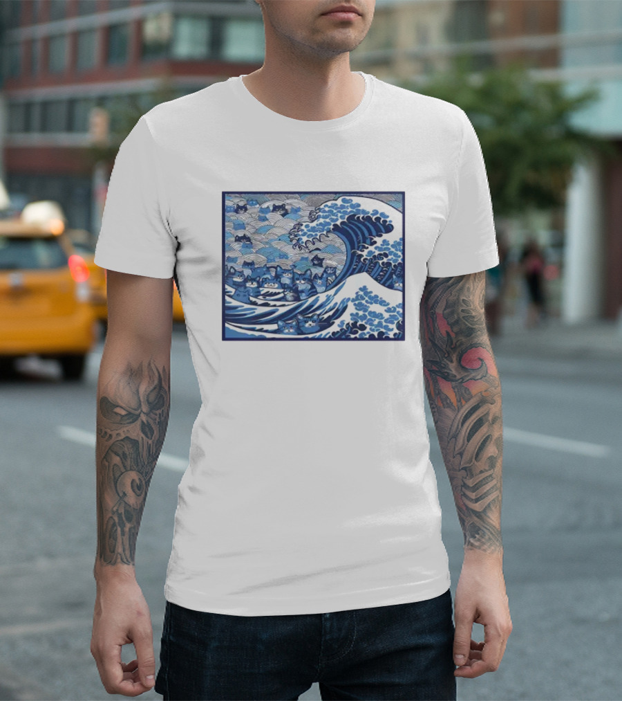 Blue Wave Cat Kamala Hokusai Style Japan Ocean Cats T-Shirt