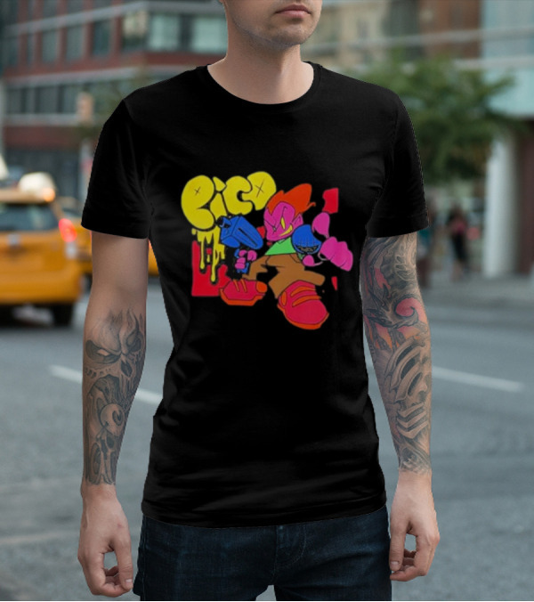 Friday Night Funkin Pico Colorful Cartoon Character Holding Gun T-Shirt