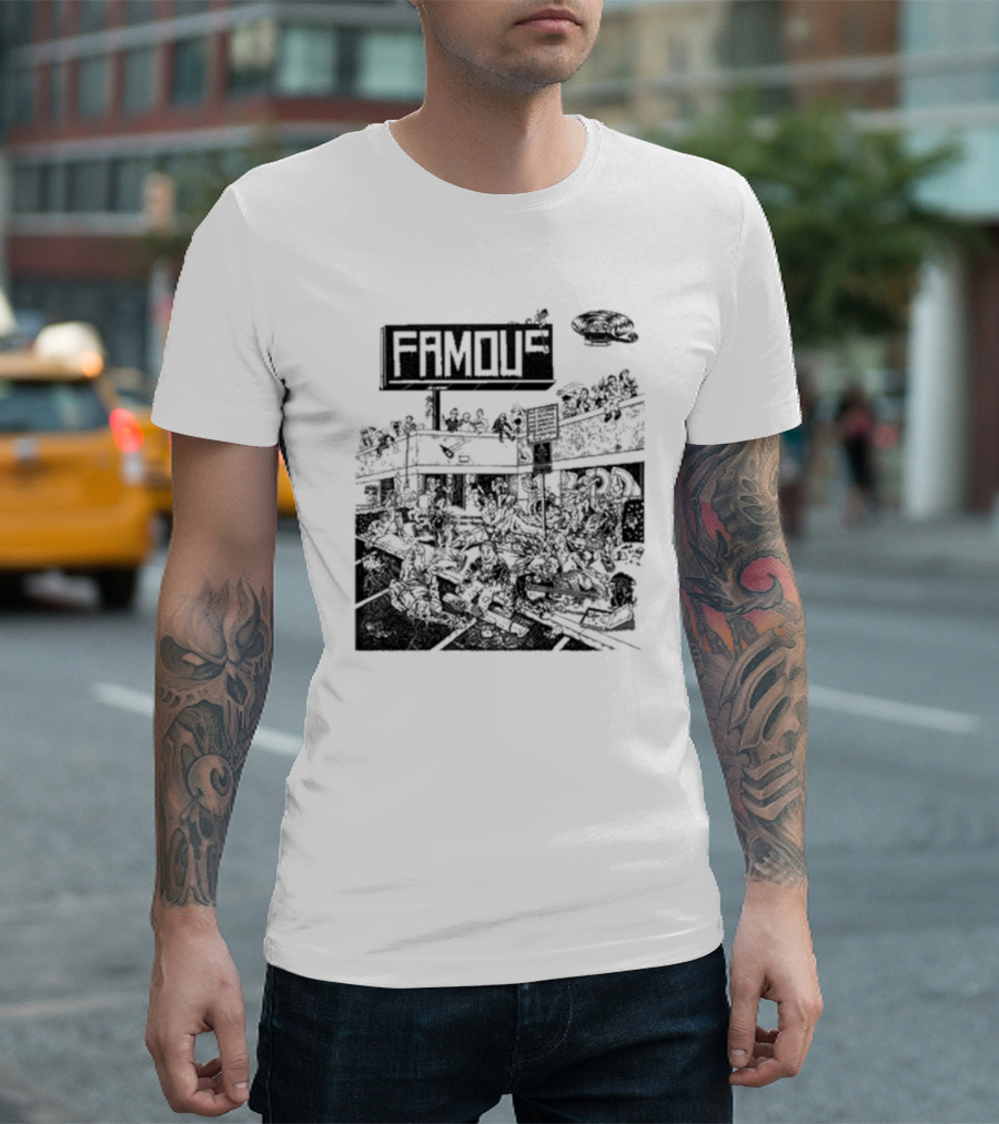 Famous Stars Chaos Scene in Urban Streetscape T-Shirt