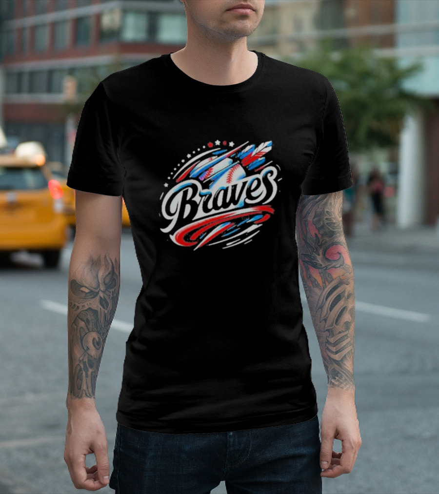 Braves Baseball Feathers MLB Team Logo With Stars And Stripes Motif T-Shirt