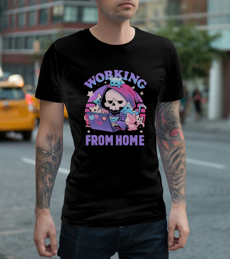 Working From Home Reaper with Cats Using Computer T-Shirt
