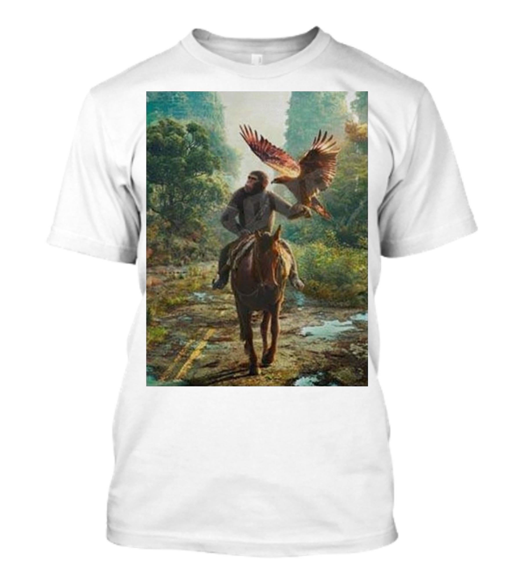 Coming Soon Kingdom Of The Planet Of The Apes Movie 2024 Forest Path With Ape On Horse And Soaring Eagle T-Shirt