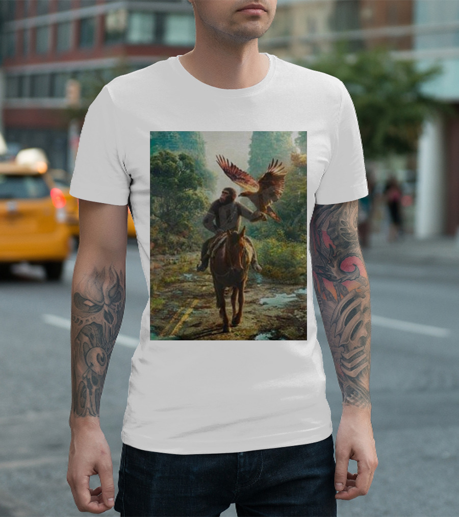 Coming Soon Kingdom Of The Planet Of The Apes Movie 2024 Forest Path With Ape On Horse And Soaring Eagle T-Shirt