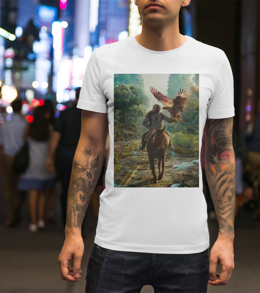 Coming Soon Kingdom Of The Planet Of The Apes Movie 2024 Forest Path With Ape On Horse And Soaring Eagle T-Shirt