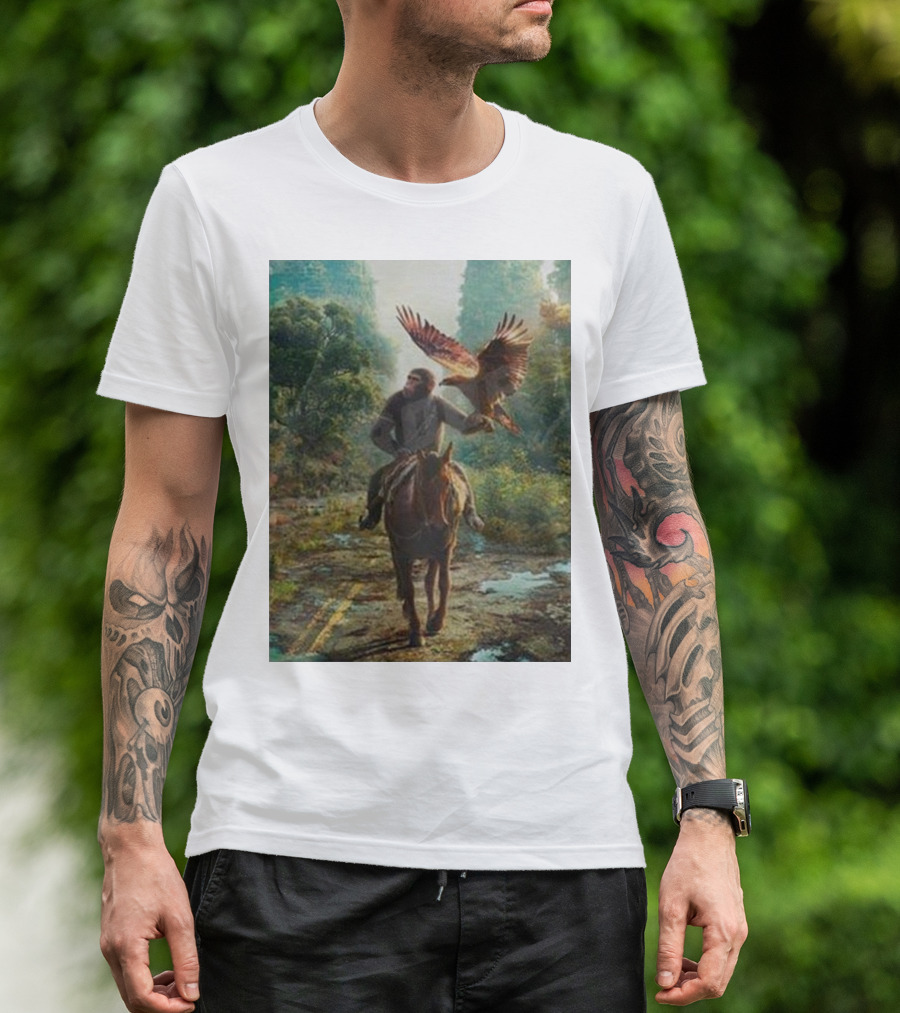 Coming Soon Kingdom Of The Planet Of The Apes Movie 2024 Forest Path With Ape On Horse And Soaring Eagle T-Shirt
