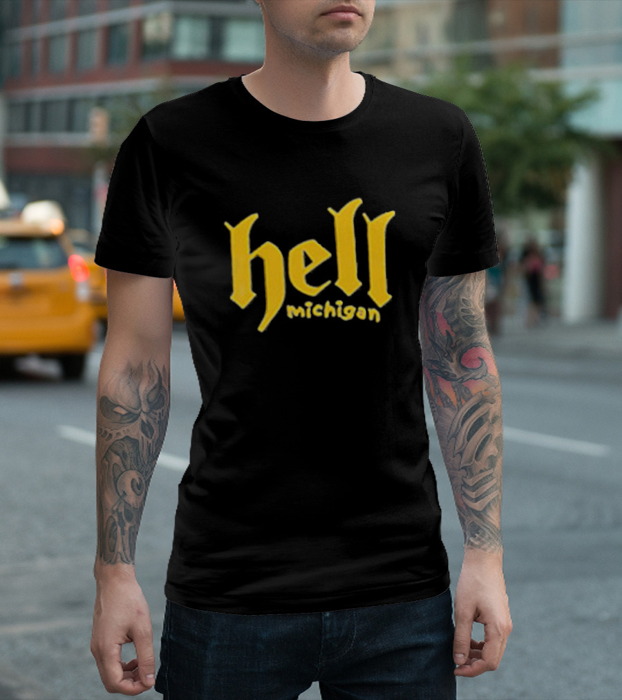 Hell Michigan Yellow Gothic Text T-Shirt