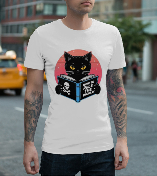How To Rule The World Black Cat Reading Book With Skull T-Shirt